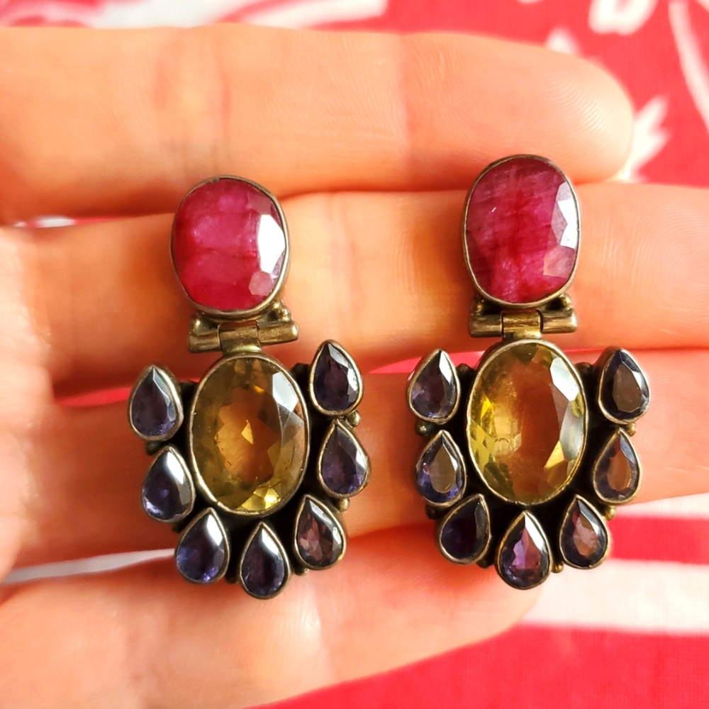 Vintage sterling raw ruby, citrine, and iolyte earrings